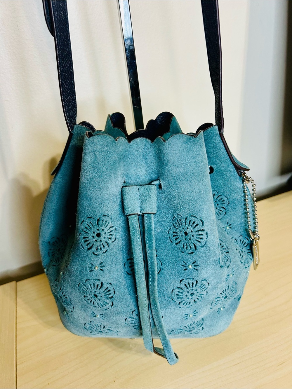 Coach Suede Laser Cut Tea Rose Bucket Crossbody Bag